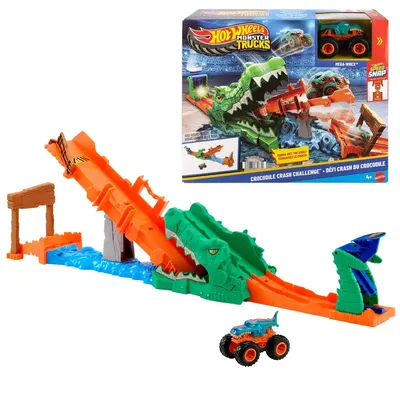Set Hot Wheels Monster Trucks Crocodile Crash Challenge cu Vehicul Mega Wrex 1 64
