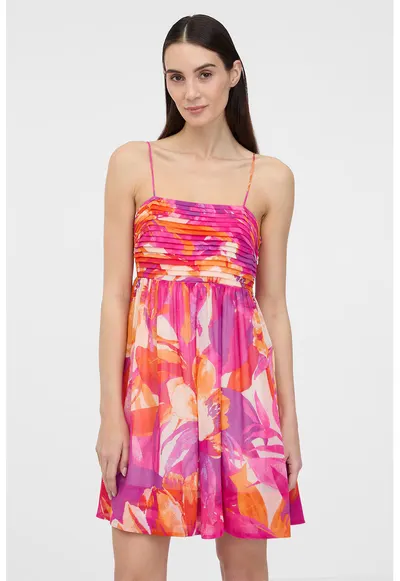 Rochie cu imprimeu si bretele subtiri - Fucsia/Portocaliu dovleac/Ametist