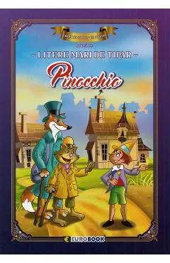 Pinocchio. Carte de colorat cu povesti scrisa cu litere mari de tipar