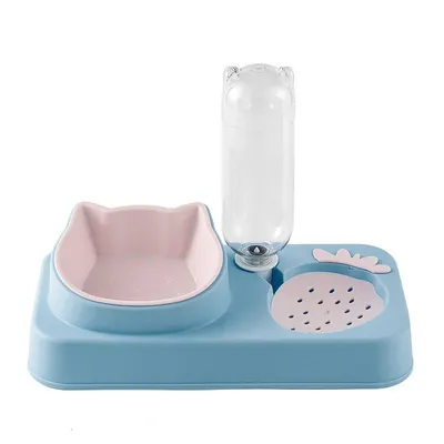 Castron dublu din plastic, pentru mancare si apa, cu dozator automat, pentru caini si pisici, albastru cu castron roz