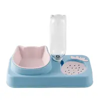 Castron dublu din plastic, pentru mancare si apa, cu dozator automat, pentru caini si pisici, albastru cu castron roz