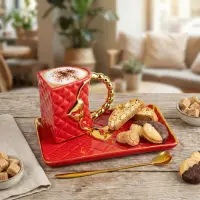 Cana in forma de geanta cu farfurioara si lingurita inima