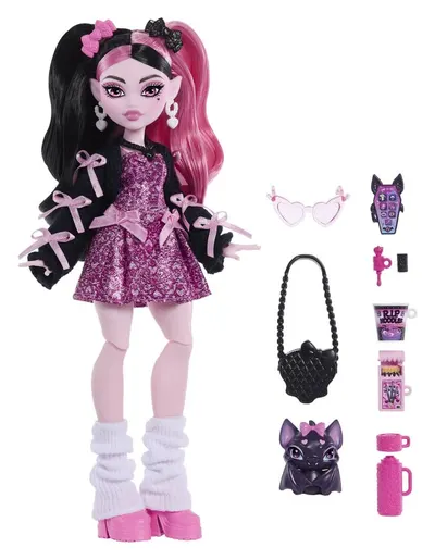 Păpuşă Monster High - Draculaura, cu un animal de companie, 28 cm