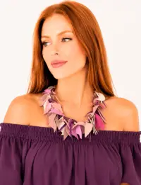 Colier handmade din piele naturala,nuante mov pruna,roz pudra ,ivoire