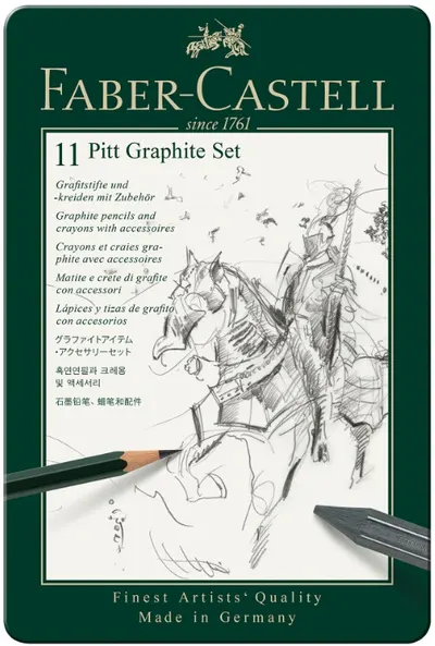 Set de creioane Faber-Castell Pitt Graphite - 11 bucăți, în cutie metalică