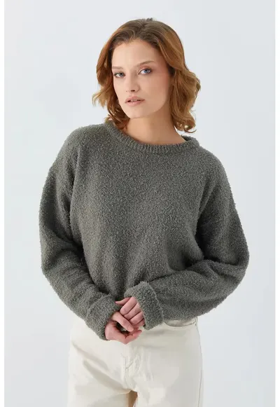 Pulovere dama - pulover tricotat scurt - kaki - tricot