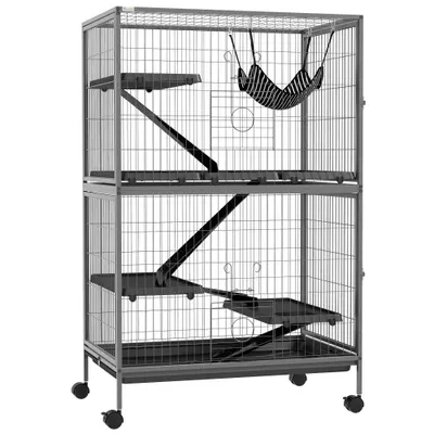 PawHut Cușcă pentru Rozătoare cu 4 Intrări la Nivele Multiple cu Hamac, din Metal și PP, 80x52x128 cm, Argintiu și Gri | Aosom Romania