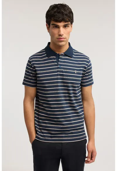Tricou polo cu model in dungi - Albastru oceanic/Ecru