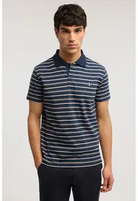 Tricou polo cu model in dungi - Albastru oceanic/Ecru
