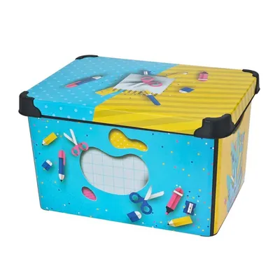 Cutie depozitare, cu capac, pentru camera copilului, model rechizite școlare, 39x24 cm, 22 l