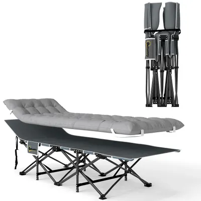 Outsunny Pat de camping pliabil cu saltea, Pat pliant, buzunar lateral și sac integrat, 185 x 68 x 37 cm, gri deschis | Aosom Romania