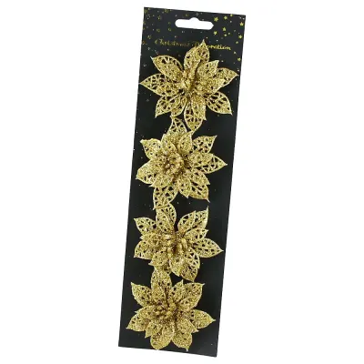 Set 4 ornament brad cu clama Floare 8 cm din plastic Auriu/Maro