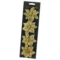Set 4 ornament brad cu clama Floare 8 cm din plastic Auriu/Maro