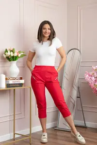 Pantaloni dama 3 4 Jenny rosii cu talie elastica si fermoare decorative