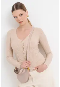 Cardigan cambrat din amestec de casmir si matase - Bej deschis