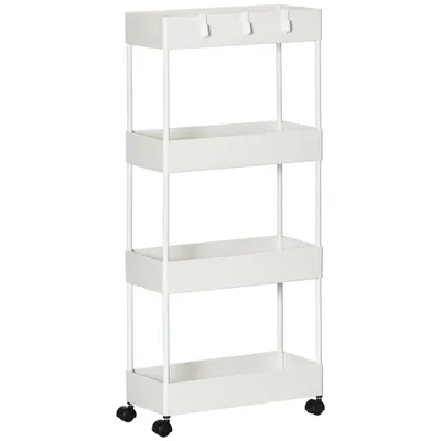 HOMCOM Cărucior Bucătărie Multifuncțional cu 4 Polițe și 3 Cârlige, Oțel și Plastic, 40x19x90 cm, Alb | Aosom Romania