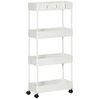 HOMCOM Cărucior Bucătărie Multifuncțional cu 4 Polițe și 3 Cârlige, Oțel și Plastic, 40x19x90 cm, Alb | Aosom Romania