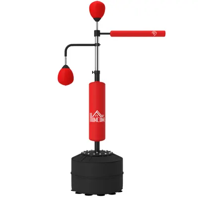 HOMCOM Sac de Box de Podea 4 în 1 cu 2 Speedball-uri, Bară Rotativă și Sac, Înălțime Reglabilă 160-230cm, Roșu | Aosom Romania