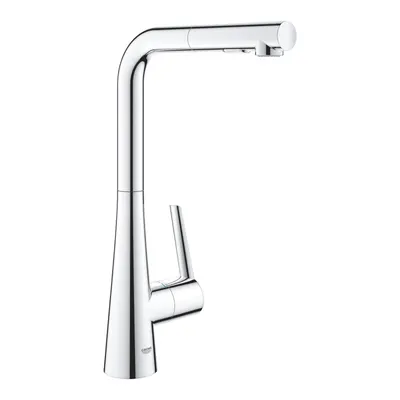 Baterie de bucatarie Grohe Zedra 32553002, monocomanda, pipa inalta, tip L, dus extractabil, 2 functii, pivotanta, limitator, Crom