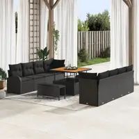 Set canapea gradina 11 piese cu perne negru ratan sintetic acacia, canapea gradina 2 locuri, depozitare, perne negru ratan sintetic, set dining gradina 3 piese cu perne negru ratan sintetic acacia