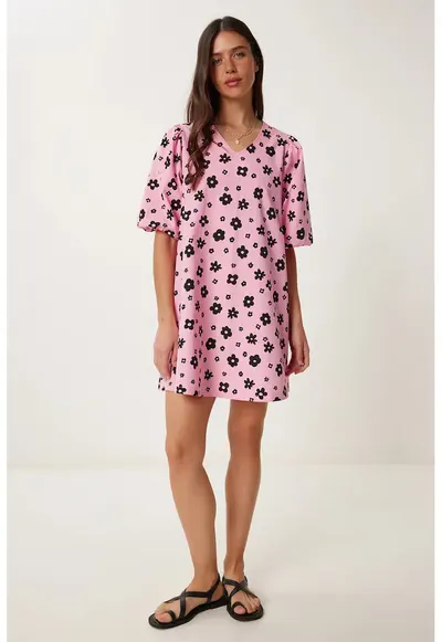Rochie midi - Happiness Istanbul - croiala in A - fermoar - roz - bumbac elastan