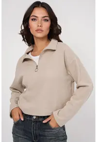 Pulover scurt - HiCCUP - Relaxed Fit - guler cu fermoar - crem - amestec bumbac-poliester -