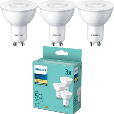 Pachet 3 becuri LED Philips, GU10, 4.7W (50W), 380 lm, lumina alba calda (2700K)
