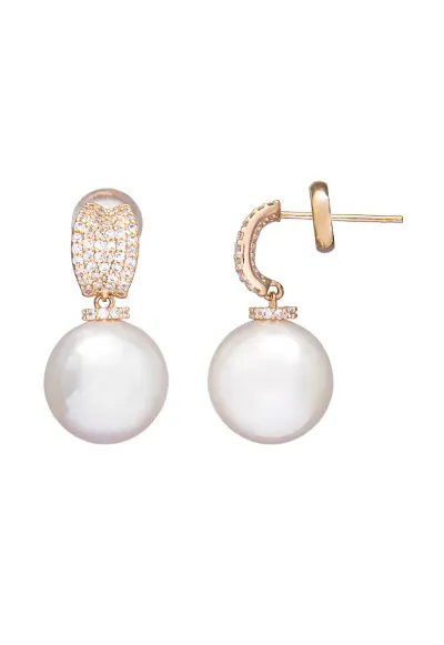Cercei decorati cu zirconia si perle de sticla - Auriu rose