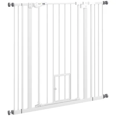 PawHut Poartă Reglabilă pentru Câini Înaltă cu Ușă Mică și Închidere Automată, 74-101x104cm, Alb | Aosom Romania