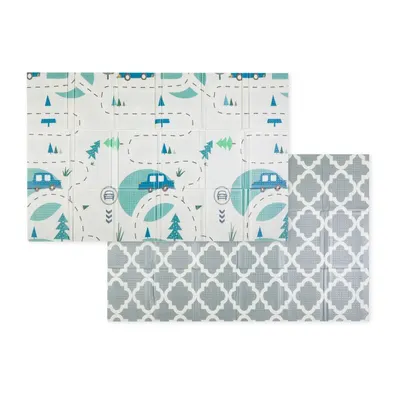 Covoras educativ, Petite&Mars, Campy L, Din spuma XPE non-toxica, Cu doua fete, Suprafata antiderapanta, 130x200 cm, Pliabil compact 40×32×21 cm, Model masini si forme geometrice