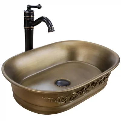 Lavoar pe blat oval, ceramica, finisaj cupru periat, REA Wilma, 55x38 cm