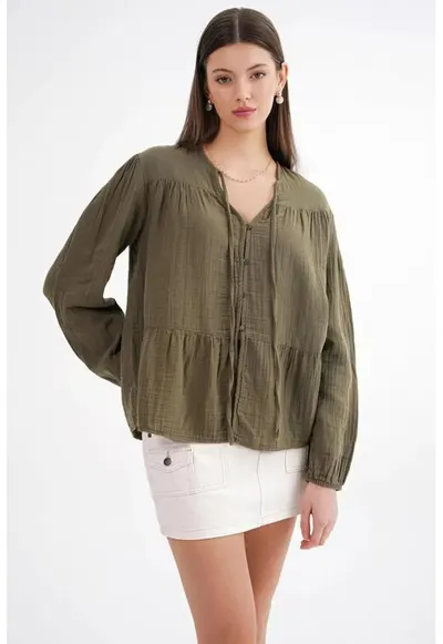 Camasa dama - bluza cu maneca lunga - croiala lejera - verde kaki - textil