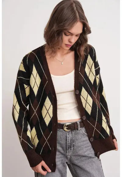 Cardigan dama - supradimensionat - maro cafeniu - tricot - decolteu in v