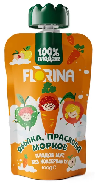 Mousse de fructe, măr, piersică și morcov, 100 g, Florina