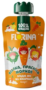 Mousse de fructe, măr, piersică și morcov, 100 g, Florina