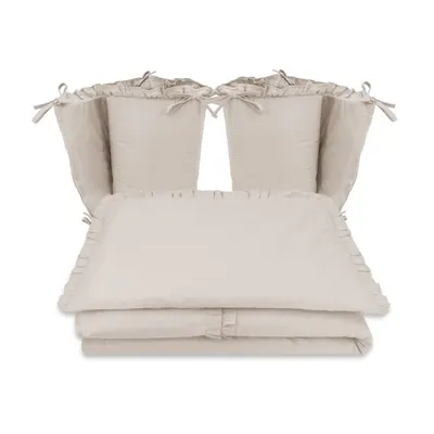 Lenjerie patut cu 4 piese, MimiNu, Pentru patut 120x60 cm, Cu doua protectii laterale, Cu volanase, Din bumbac certificat Oeko Tex Standard 100, Colectia Royal, Beige