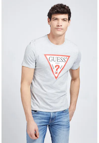 Tricou slim fit cu decolteu la baza gatului si imprimeu logo triunghiular - Rosu/Gri melange