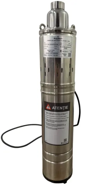 Pompa Inox Submersibila cu Snec Fara Plutitor GW GW7182, Putere 1.1KW (1100W), Cablu 9.5m, Inaltime 51.5cm, Latime 10.5cm, Circumferinta 31cm, Carcasa Otel Inoxidabil, Pentru Apa Curata sau Usor Murdara