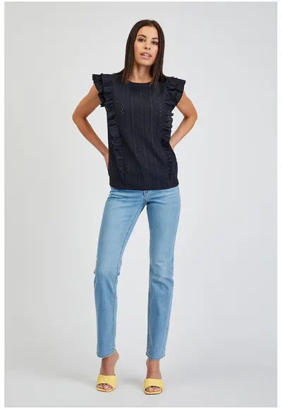 Bluza brodata cu garnituri cu volane - Bleumarin
