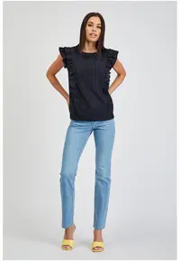 Bluza brodata cu garnituri cu volane - Bleumarin