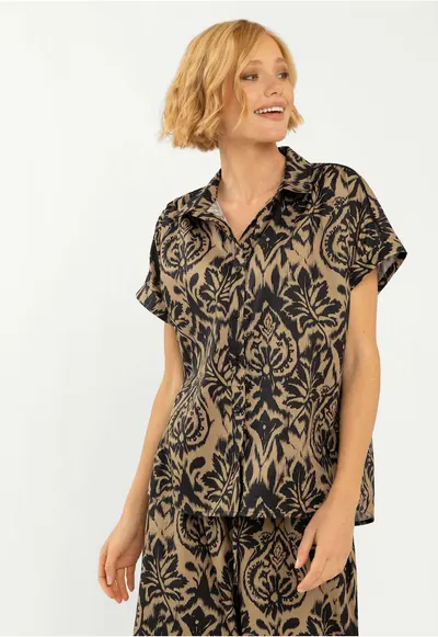 Bluza de dama cu model oriental C-Safi - maneca scurta - din bumbac - Bej si negru - Bej negru/Multicolor