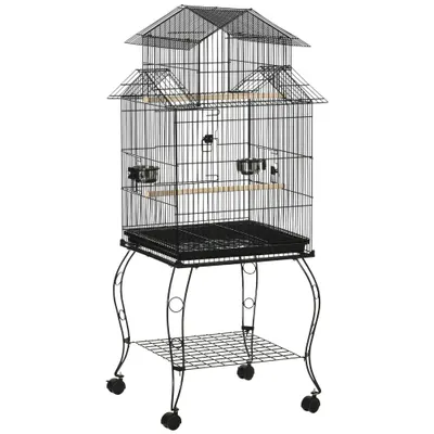 PawHut Colivie pentru Păsări din Oțel și Lemn cu Tavă Detașabilă, 4 Roți și Recipient pentru Alimente, 51,5x50x140 cm, Negru | Aosom Romania