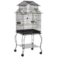 PawHut Colivie pentru Păsări din Oțel și Lemn cu Tavă Detașabilă, 4 Roți și Recipient pentru Alimente, 51,5x50x140 cm, Negru | Aosom Romania