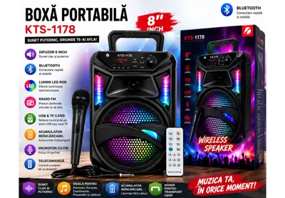 Boxa Portabila Bluetooth KTS-1178, 8 Inch, Microfon cu Fir si Telecomanda Incluse, LED RGB, Radio FM, USB, TF Card, Acumulator Reincarcabil