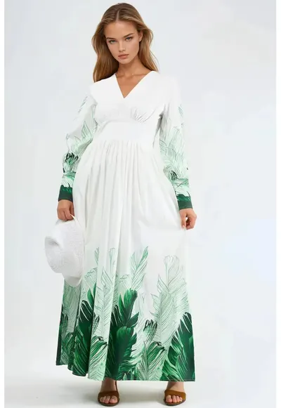 Rochie maxi imprimeu floral tropical - alb