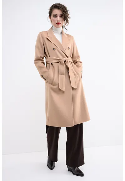 Palton de lana cu doua randuri de nasturi - Maro camel