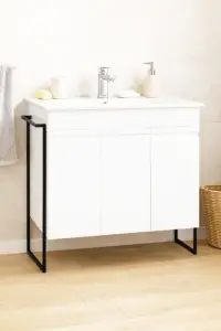 Set Baza front MDF si Lavoar seria 086, cadru metalic, montata, 80 cm, alb