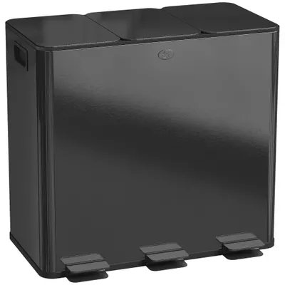HOMCOM Coș de Gunoi cu 3 Secțiuni de 20L cu Pedală și 2 Capace cu Închidere Silențioasă, Coș de Gunoi din Oțel Inoxidabil și PP, 61.9x36.6x56.7 cm, Negru | Aosom Romania