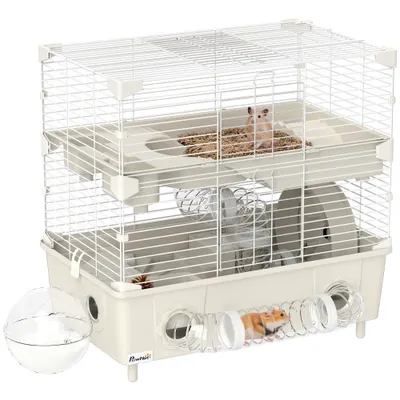 PawHut Cușcă pentru Hamsteri cu 2 Niveluri și 3 Uși, cu Roată și Tuburi, Crem și Alb | Aosom Romania