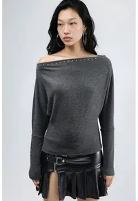 Bluza dama guler barcuta - gri inchis - jerseu